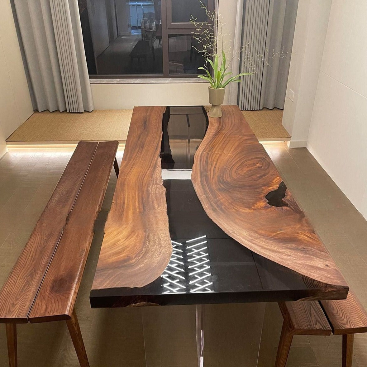 BLACK EPOXY | resin river table top | handmade furniture | with iron stands | live edge | acacia wooden popular plank | custom to order | home decor