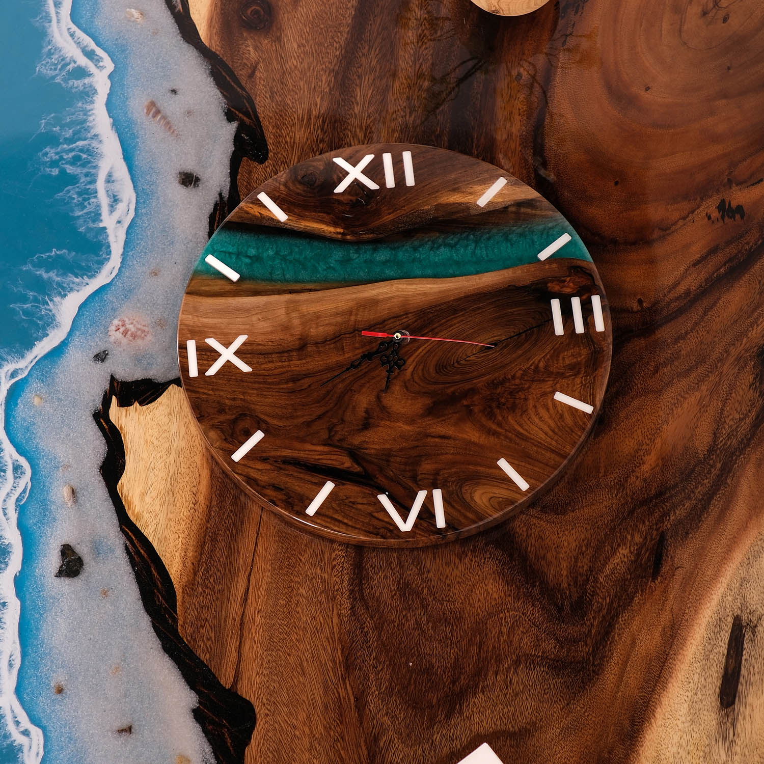 KAZANAHOME-Black-Walnut-Green-Epoxy-Resin-Wall-Clock-5