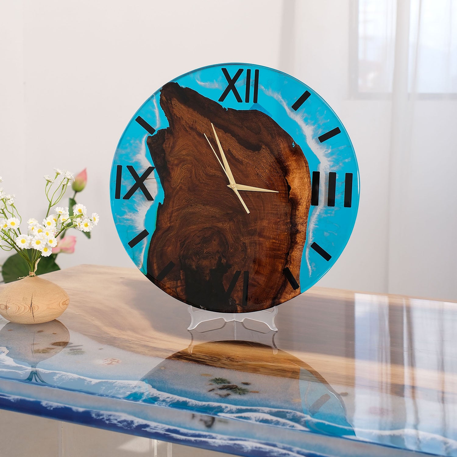 KAZANAHOME-Black-Walnut-Ocean-Wave-Epoxy-Resin-Wall-Clock-1