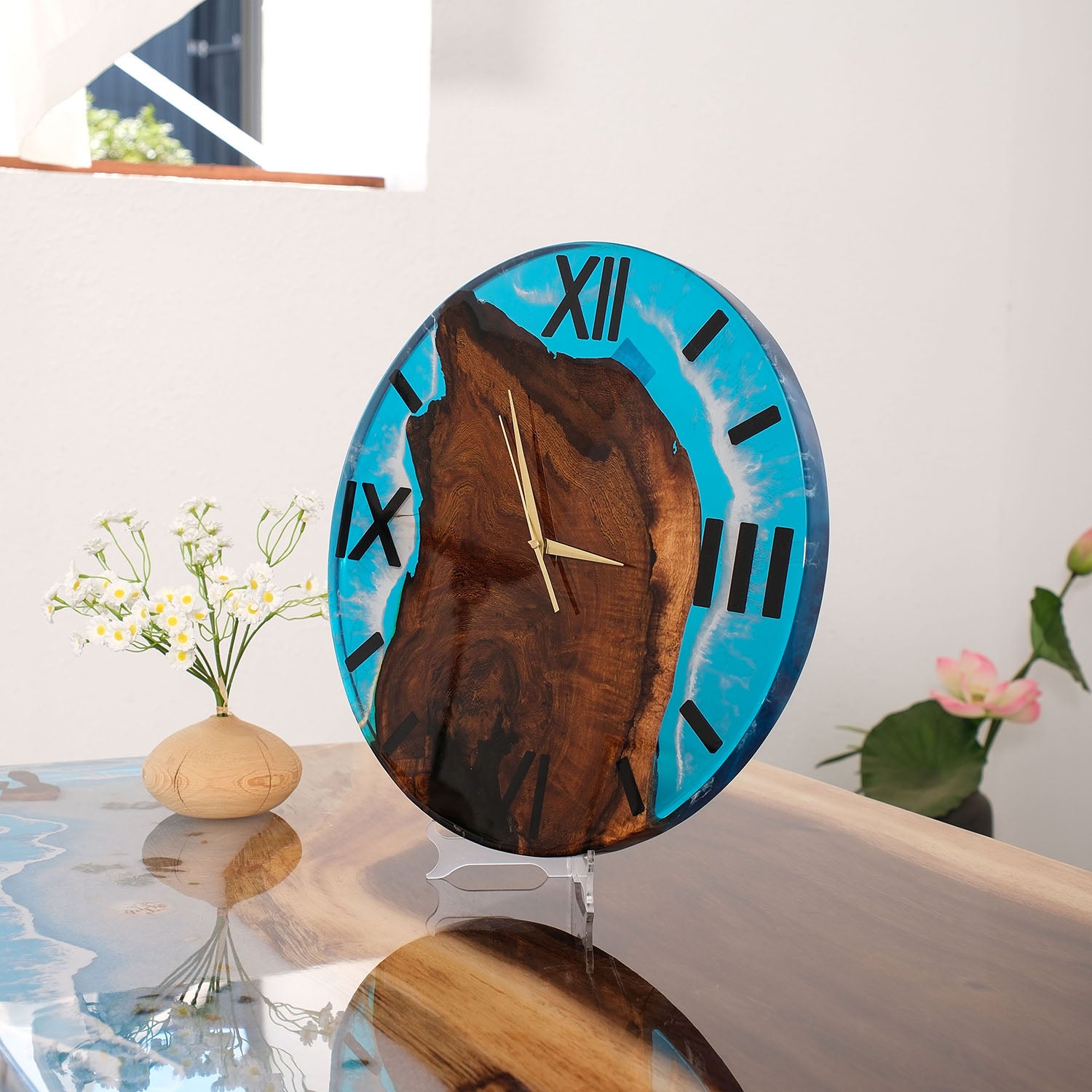 KAZANAHOME-Black-Walnut-Ocean-Wave-Epoxy-Resin-Wall-Clock-2