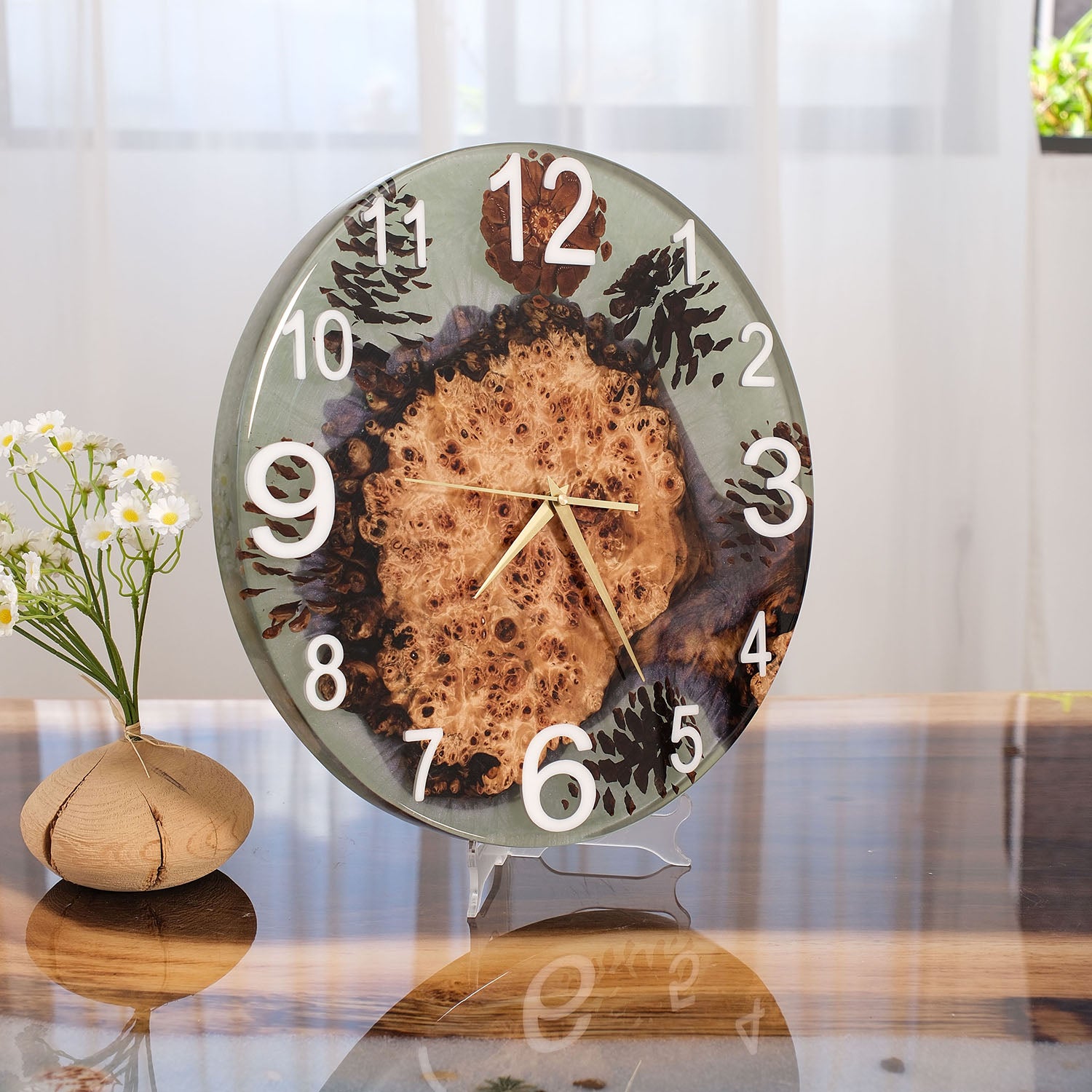 KAZANAHOME-Poplar-Natural-Style-Light-Green-Epoxy-Resin-Wall-Clock-2