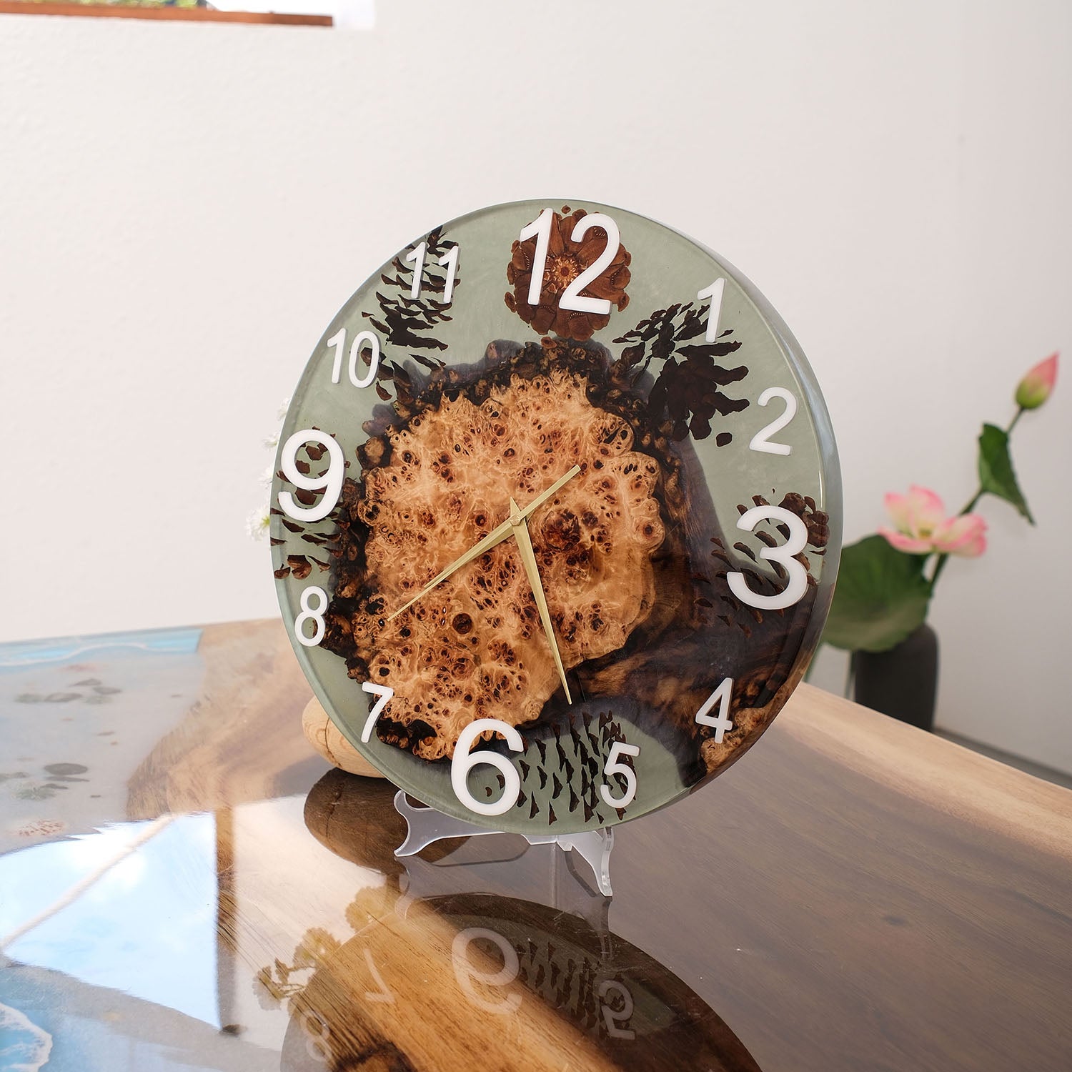 KAZANAHOME-Poplar-Natural-Style-Light-Green-Epoxy-Resin-Wall-Clock-3