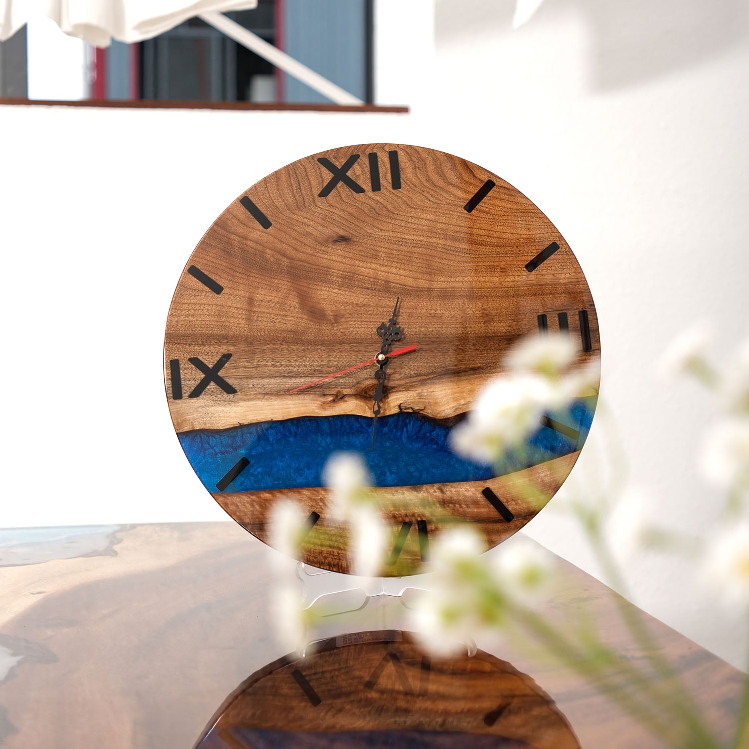 KAZANAHOME-Walnut-Blue-Epoxy-Resin-Wall-Clock-2