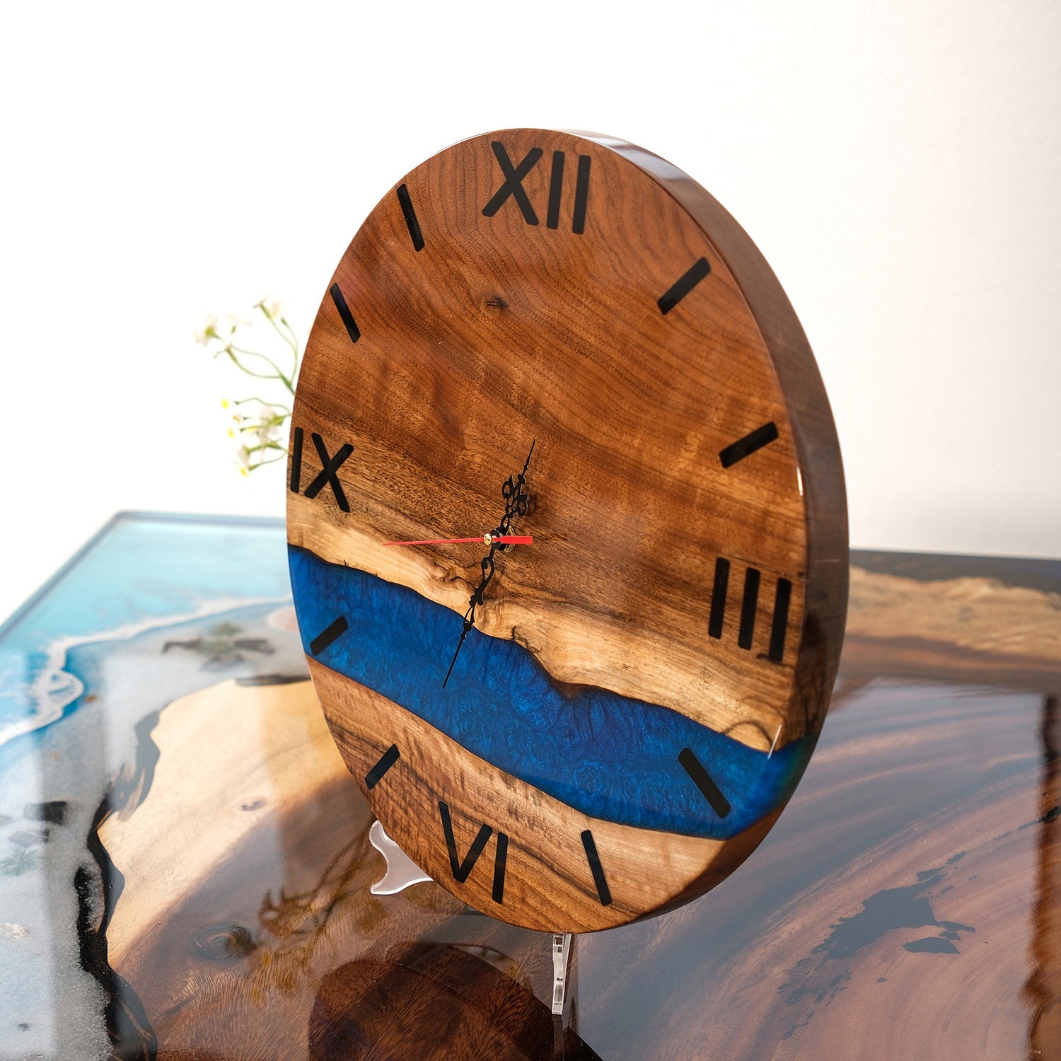 KAZANAHOME-Walnut-Blue-Epoxy-Resin-Wall-Clock-3