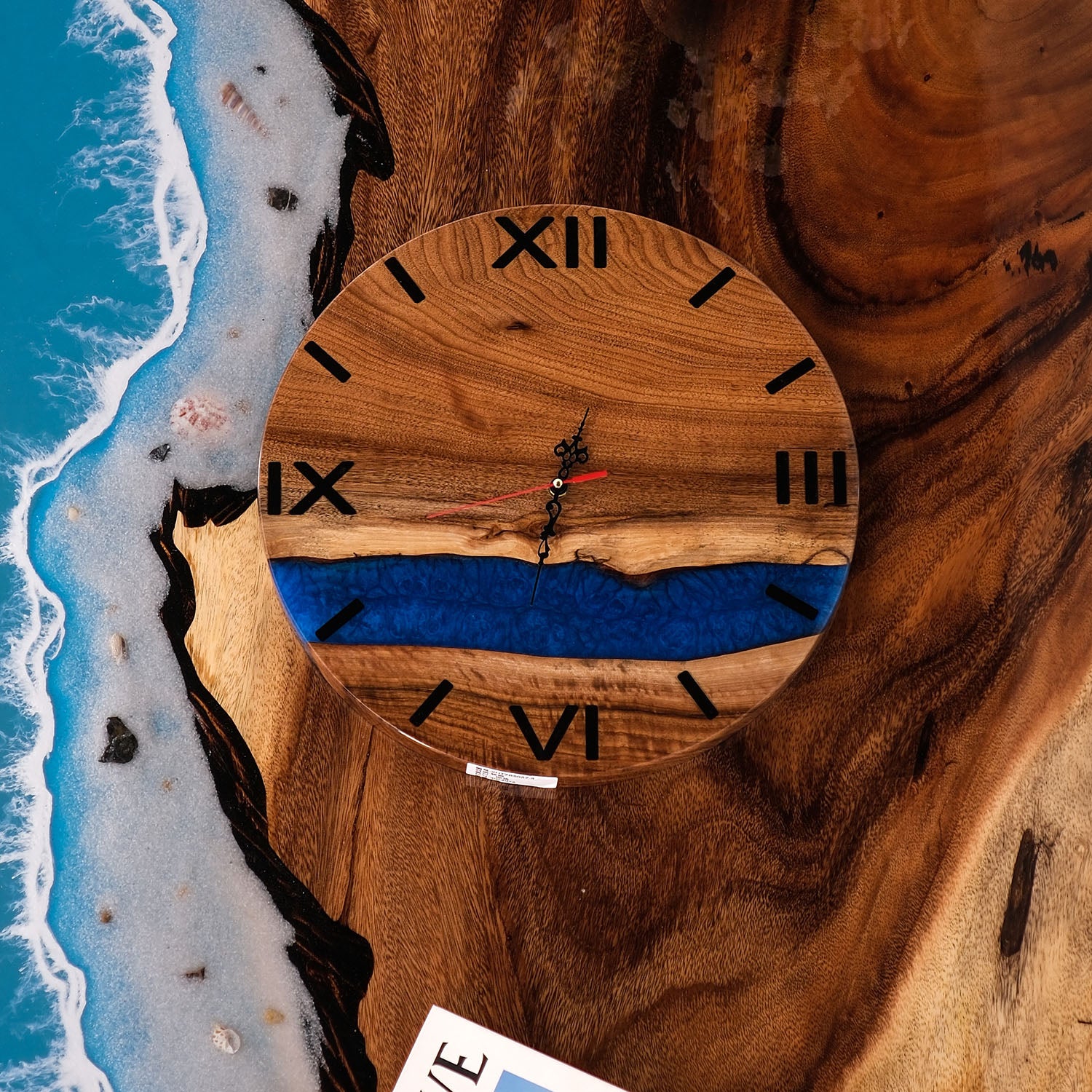 KAZANAHOME-Walnut-Blue-Epoxy-Resin-Wall-Clock-4