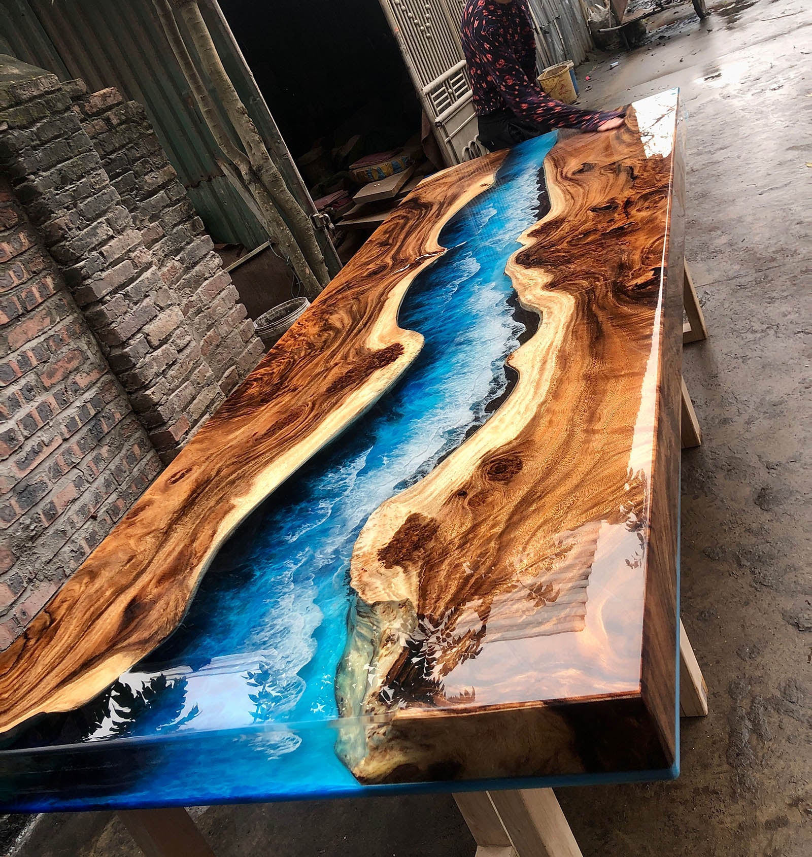 Custom Wlanut Wave Epoxy Table deposit $1554 for Hiram