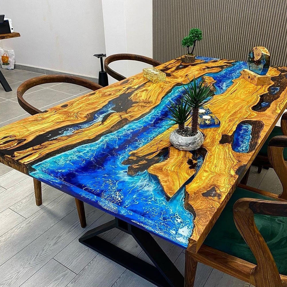 Custom Ocean Wave Olive Wood Epoxy Dining Table CT76
