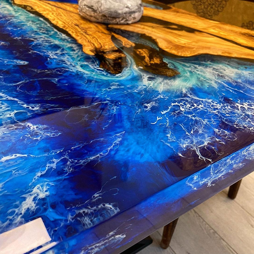 Custom Ocean Wave Olive Wood Epoxy Dining Table CT76