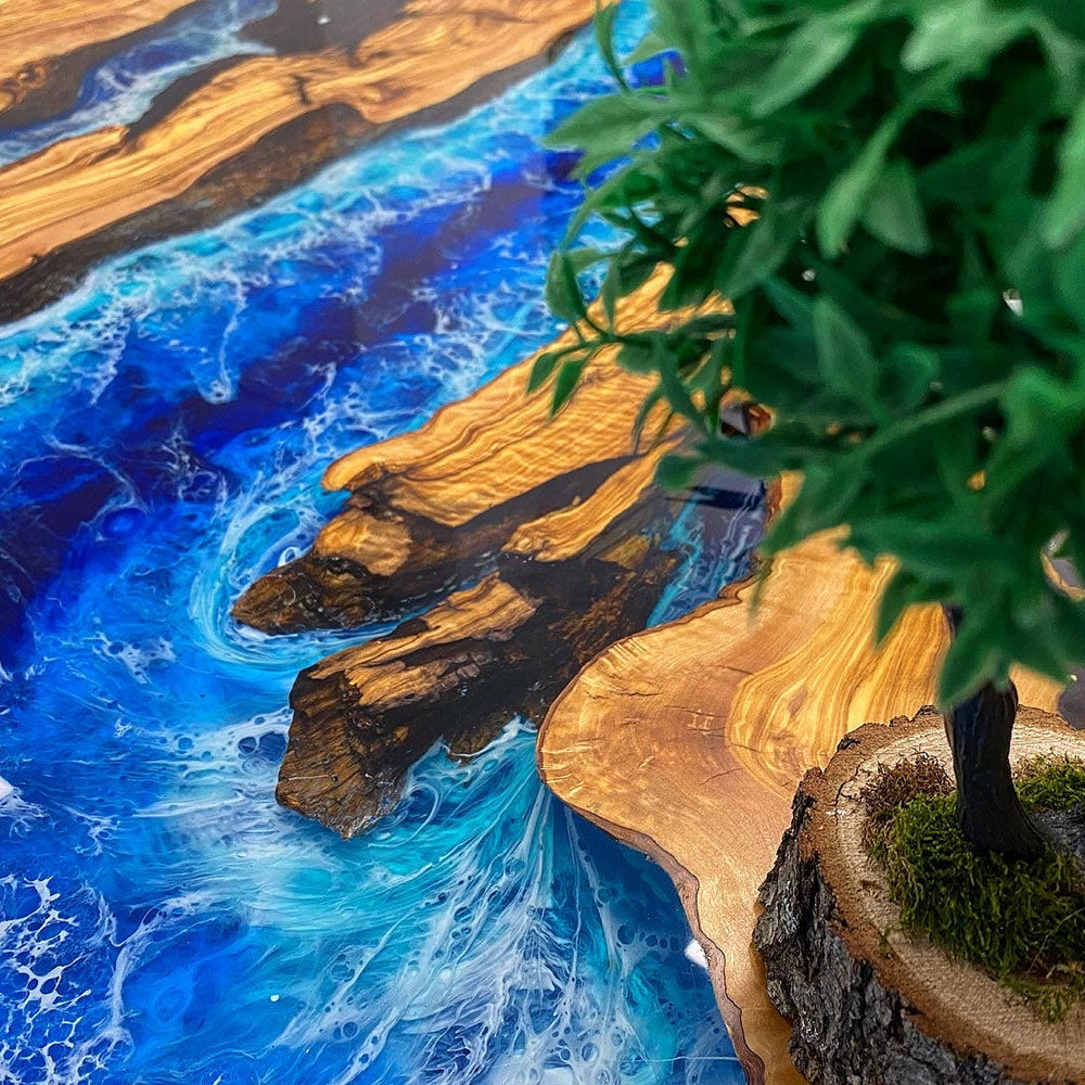 Custom Ocean Wave Olive Wood Epoxy Dining Table CT76