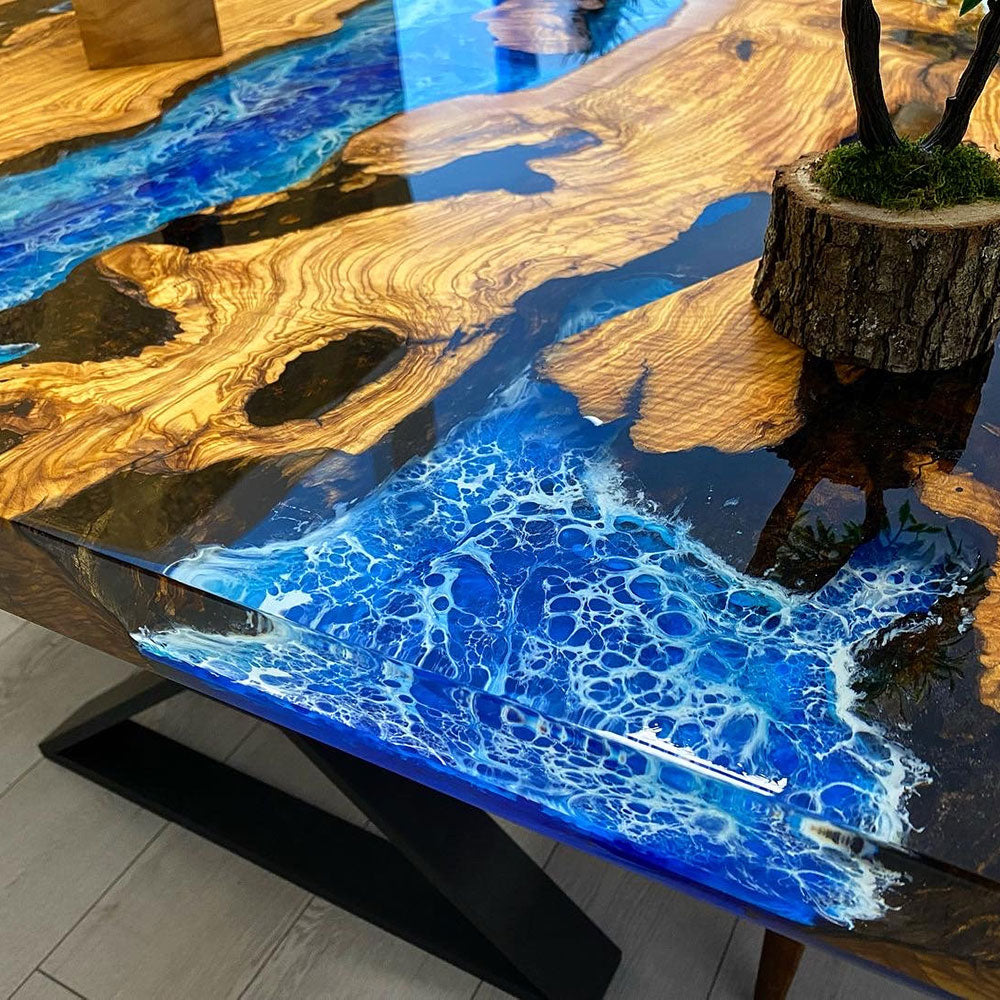 Custom Ocean Wave Olive Wood Epoxy Dining Table CT76