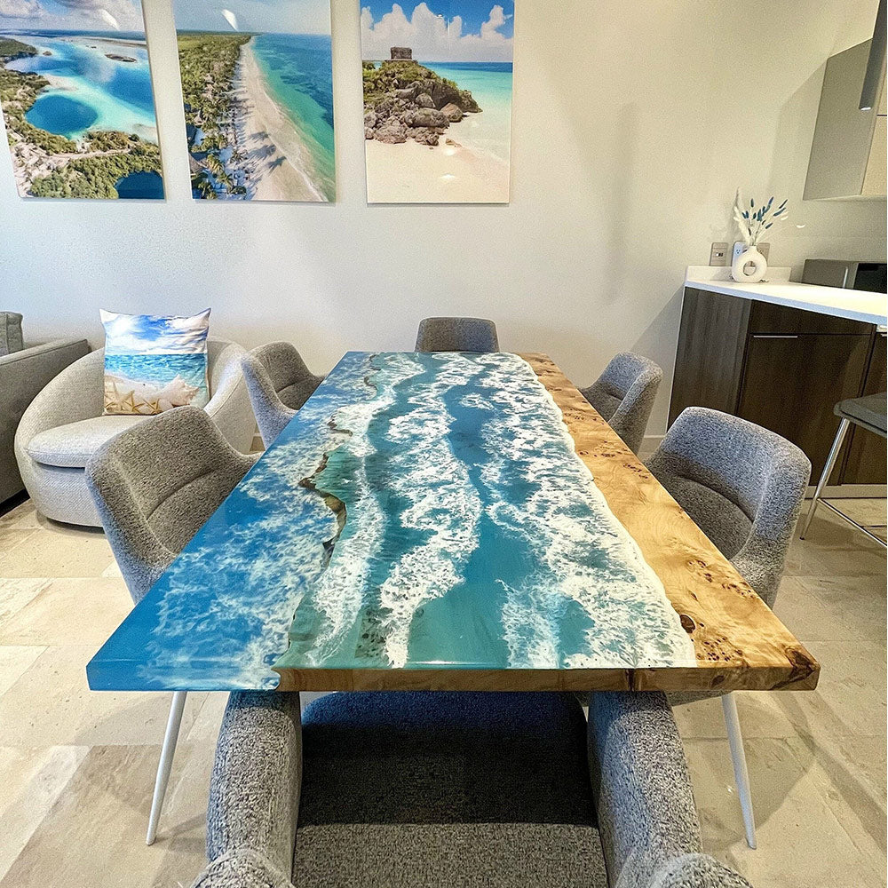 Custom Ocean Wave Poplar Epoxy Dining Table CT73