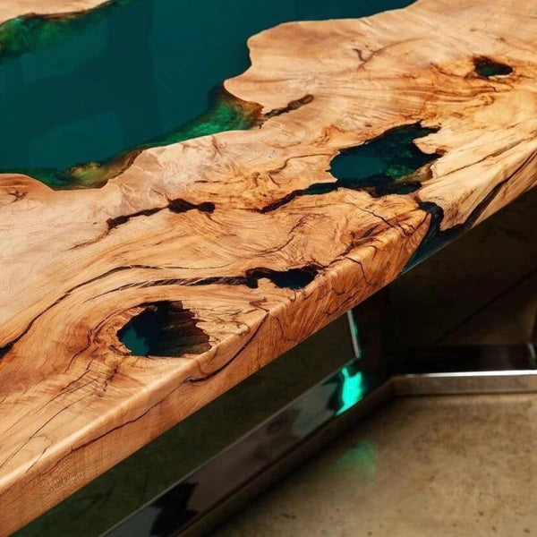 Custom Olive Arc Edge Edge Epoxy Blue River Dining Table CT65