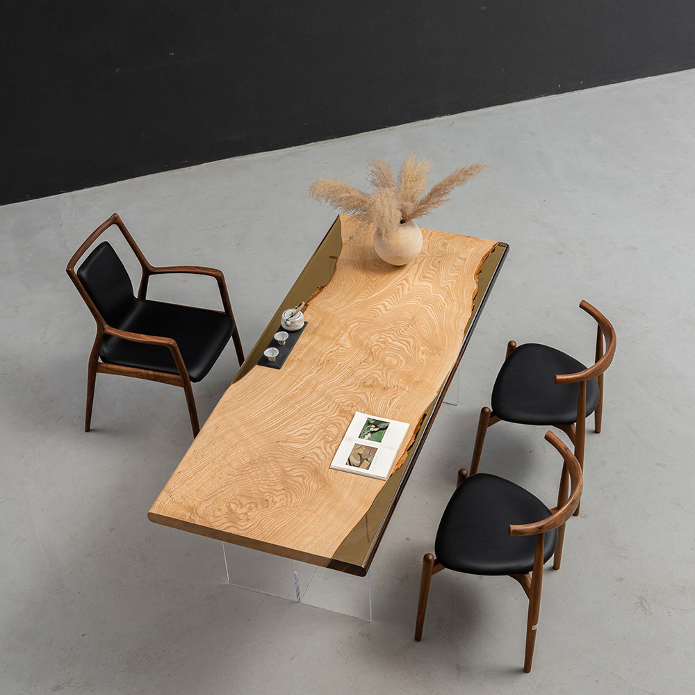 KAZANA Ash Wood Clear Orange Epoxy Dining Table 31.5"Wx 74.8"L