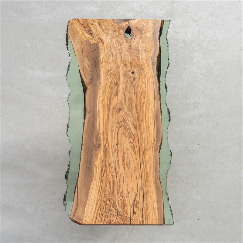 KAZANA Olive Wood Epoxy Resin Turquoise River Live Edge Dining Table 33.86"Wx 74.8"L