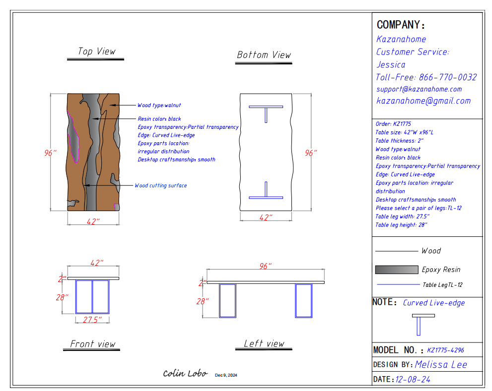 Custom Walnut Epoxy Table Balance $1,873.84 for Eliza